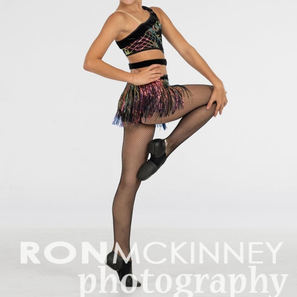 Black Dance Two-Piece Set with Multicolor Sequin Fringe
